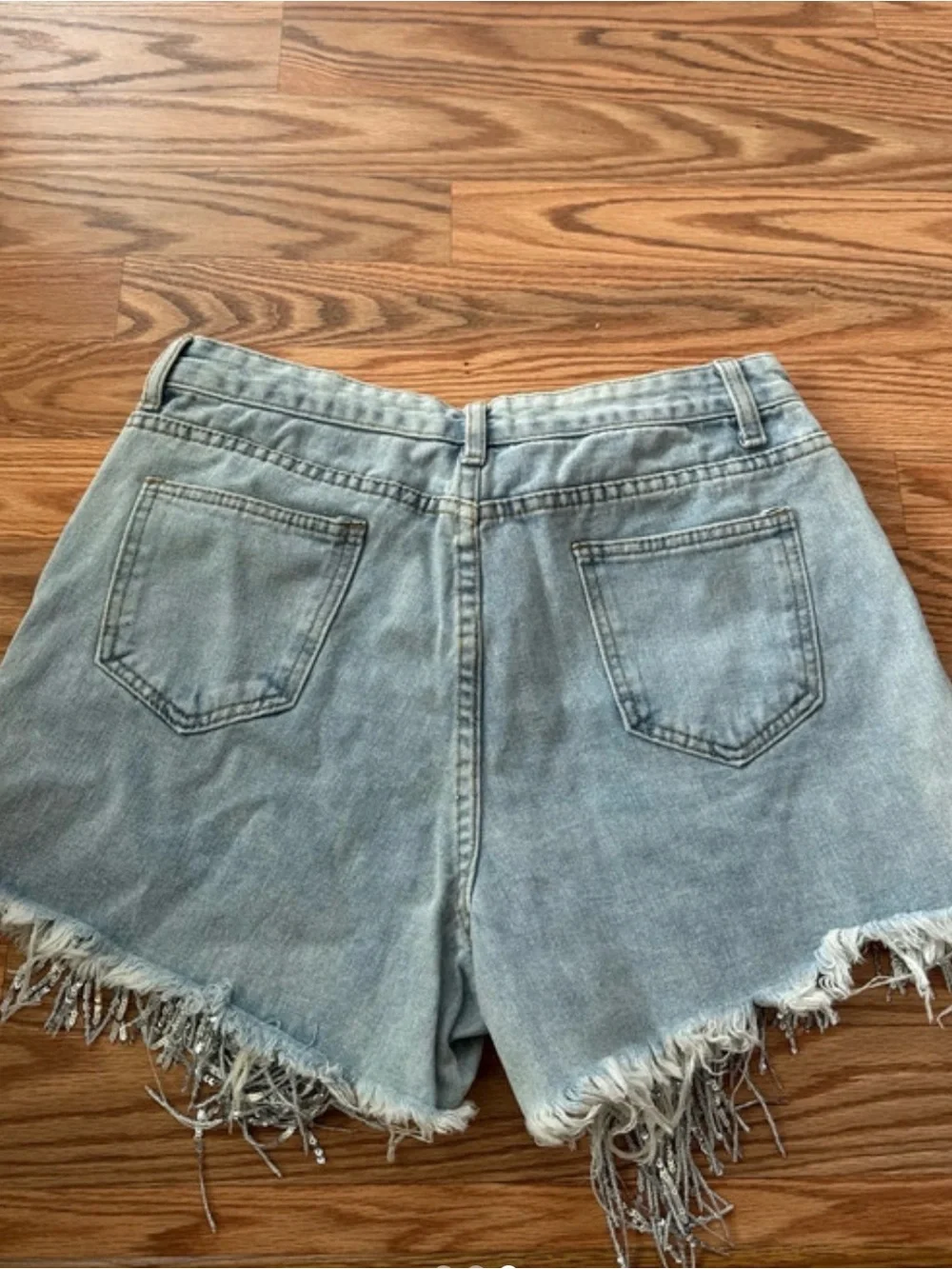 Embellished Light Blue Denim Fringe Shorts